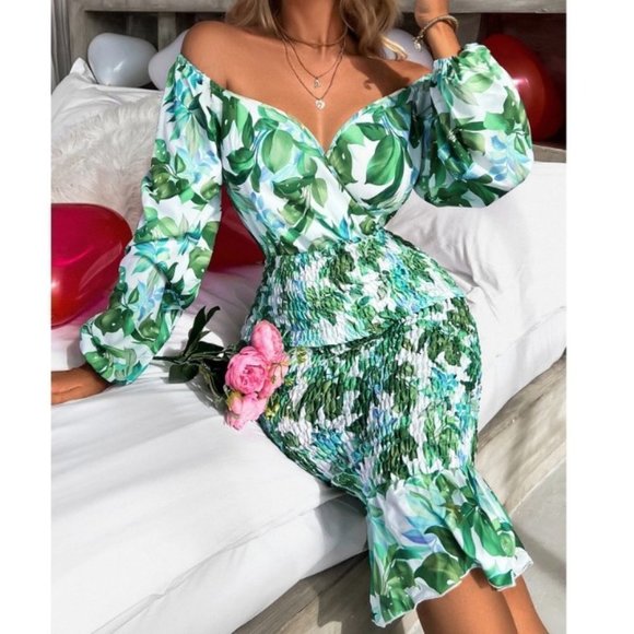 . Dresses & Skirts - White Boho Womens Lantern Sleeve Shirred Detail Mermaid Hem Bodycon Dress